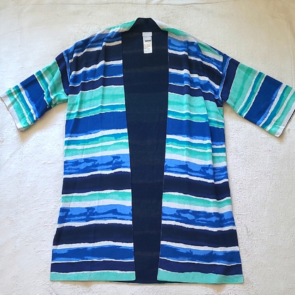Chicos Travelers M US 8 10 Open Front Kimono Cardigan Blue Green Striped Drape